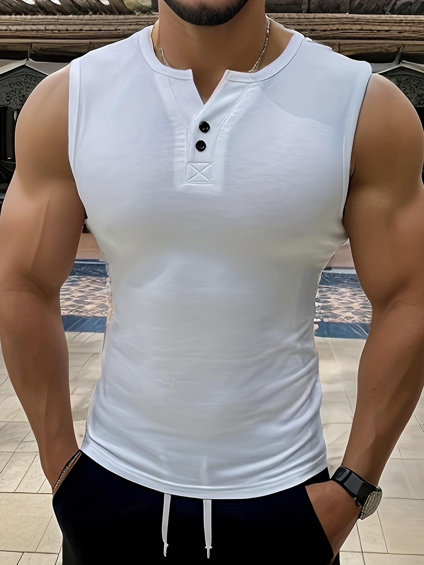 mens solid top casual v neck sleeveless top mens clothing for summer outdoor details 0