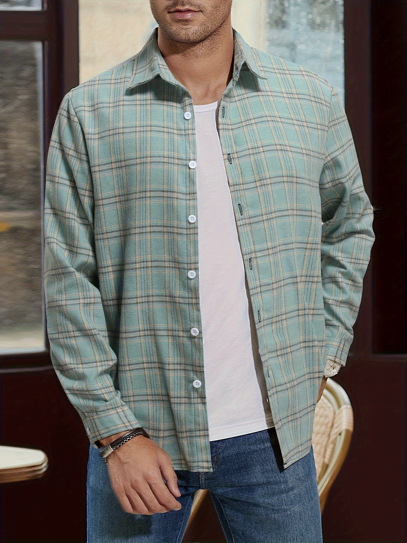 mens casual button down long sleeve shirt pattern woven polyester adult unisex collection regular size details 0