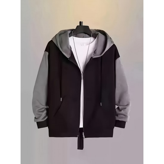 Plus Size Men's Vibrant Contrast Color Hooded Jacket for Spring and Fall Outdoor Sports - Water-Resistant, Breathable, and Soft Fleece Lining - Perfect for Hiking, Camping, and Casual Wear