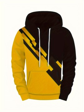 1pc Men'S Plus Size Casual 3D Print Hoodie, Striped Print Long Sleeve Pullover with Pocket, Fashion Loose Fit Sports Sweatshirt, Polyester Knit Fabric, Regular Fit