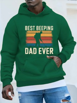 1pc Best Beeping Dad Ever Casual Plus Size Hoodie, Geometric Pattern, Polyester Knit Fabric, Loose Fit, Hooded Sweatshirt for Men