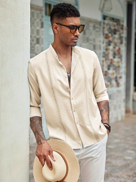 1pc Men'S Casual Crew Neck Long Sleeve Button Down Shirt - Solid Color Rayon/Viscose Blend, Non-Stretch Fabric, Woven Cuban Guayabera Beach Shirt for Spring/Fall, Plus Size